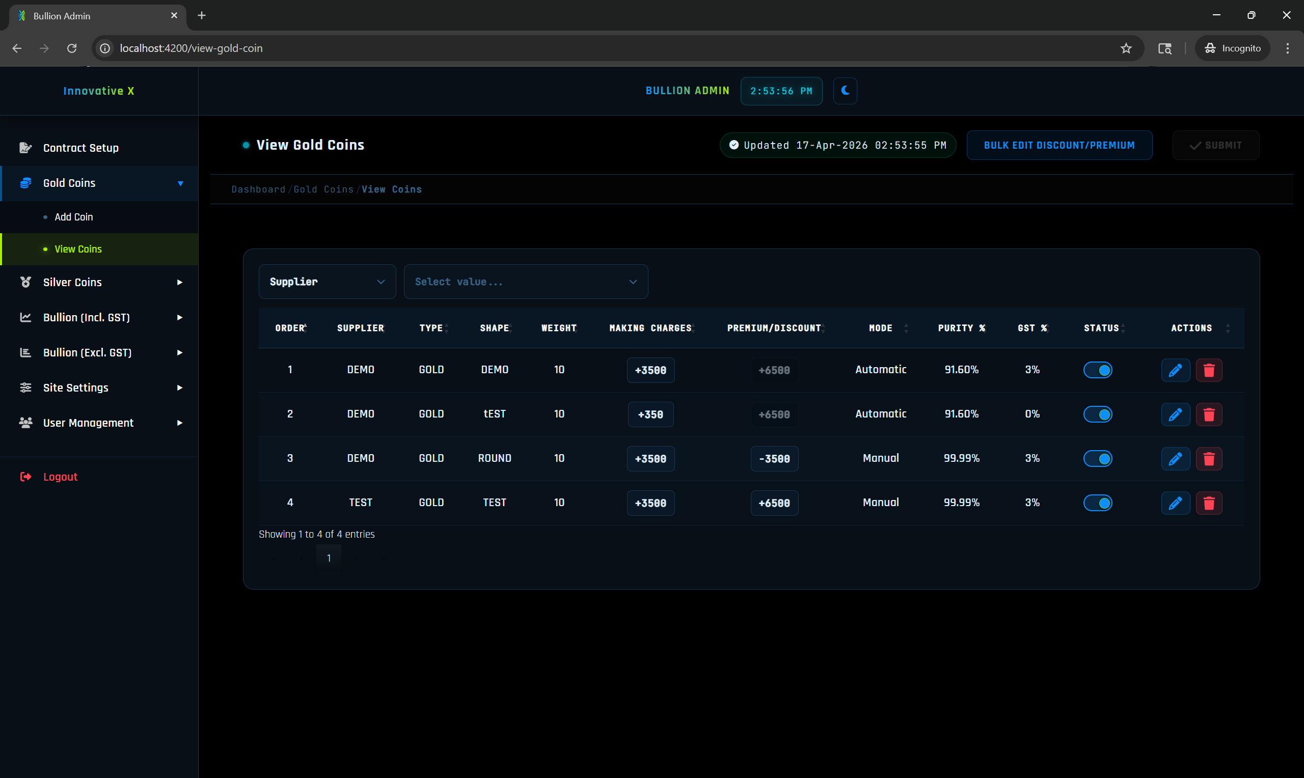 View Gold Coins - Bulk Edit Button